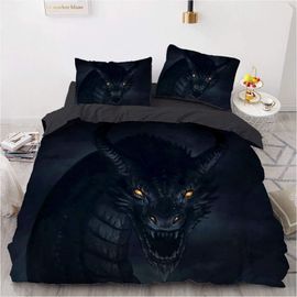 Parure De Lit Plusieurs Tailles Dragon Noir, Housse De Couette Hibou 52% Coton Doux Et Confortable + 2 Taies D'oreiller 80x80cm, Dragon