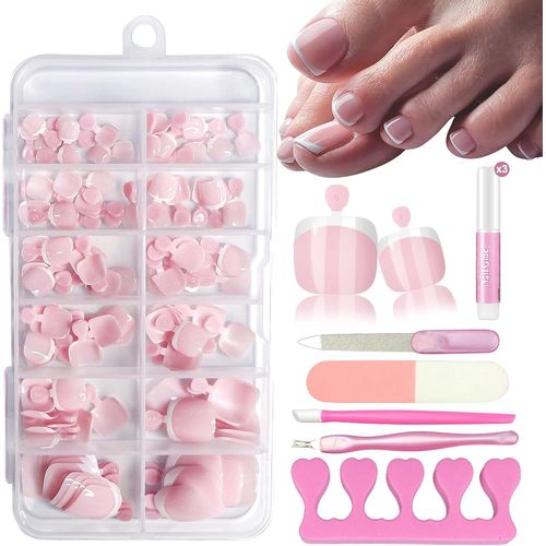 Lot De 120 Faux Ongles D'orteils - Ongles Artificiels Français Naturels À Coller - Couverture Complète - Faux Ongles Pour Nail Art - Rose French 