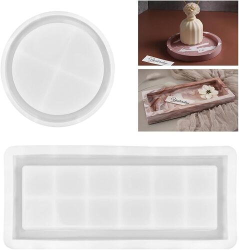 2 Pcs Moules En Silicone Plateau Moules De Moulage Rectangulaires/Ronds Plateau En Silicone Grand Moules En Résine Époxy Plateau Moule En Silicone Plaque Ronde Pour L'artisanat Diy