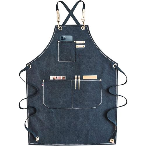 TIANYI-Tablier Homme Barbecue/Cuisine, Tablier en Denim pour Travail Lourd Imperméable Réglable avec Sangles en Cuir Croisées Sur le Dos avec 3 Poches Restaurant Café Bleu