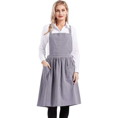 Tianyi-Tablier Femme Coton Lin Bavoir Tablier De Cuisine Tablier De Travail Uni Avec Poche