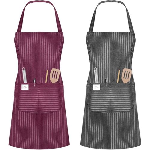 Kalanka-Tabliers De Cuisine,2pcs Réglable Tabliers Etanche Avec 2 Poche Pour Femmes Hommes Chef Pour Cuisine,Jardinage, Restaurant,Barbecue,Café (Vin Rouge + Gris)