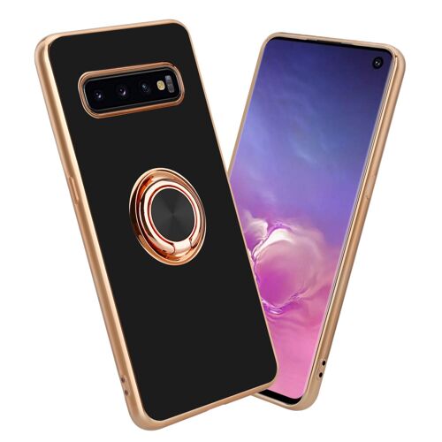 Cadorabo Housse compatible avec Samsung Galaxy S10 4G en Glossy Noir - Or avec anneau - Étui de protection en silicone TPU flexible, avec protection pour appareil photo et support voiture magnétique
