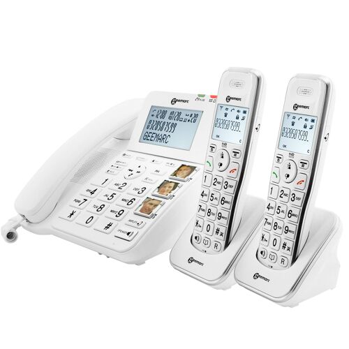 Téléphone Fixe Senior Amplifié avec 2 Combinés Sans Fil Répondeur Geemarc Blanc