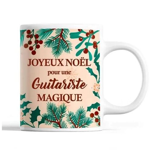 Tasse Noël Guitariste Femme Beige | Mug Prénom Idée Cadeau Secret Santa