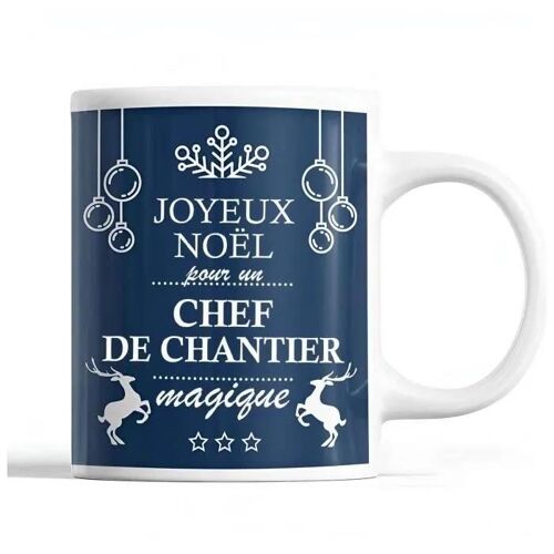 Tasse Noël Chef De Chantier Homme Bleu | Mug Prénom Idée Cadeau Secret Santa