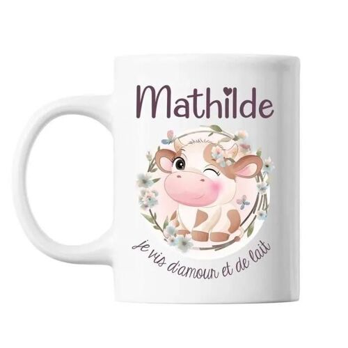 Mug - Mathilde - Amour Et Biberon De Lait Vache - Céramique - 325 Ml - Résistant Lave-Vaisselle