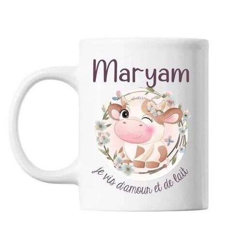 Mug - Maryam - Amour Et Biberon De Lait Vache - Céramique - 325 Ml - Résistant Lave-Vaisselle