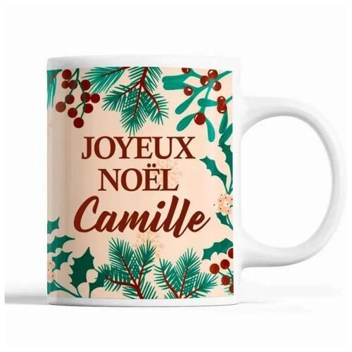 Tasse Noël Camille Beige | Mug Prénom Idée Cadeau Secret Santa
