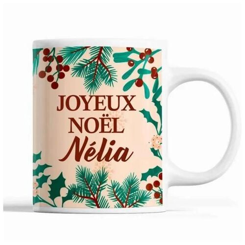 Tasse Noël Nélia Beige | Mug Prénom Idée Cadeau Secret Santa