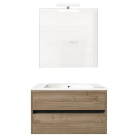 Ensemble De Salle De Bain Meuble Suspendu 80cm Double Edge Bois Clair - Vasque - Miroir - Applique