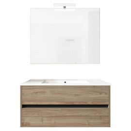 Ensemble De Salle De Bain Meuble Suspendu 100cm Double Edge Bois Clair - Vasque - Miroir - Applique