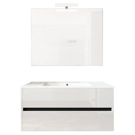 Ensemble De Salle De Bain Meuble Suspendu 100cm Double Edge Blanc Brillant - Vasque - Miroir - Applique