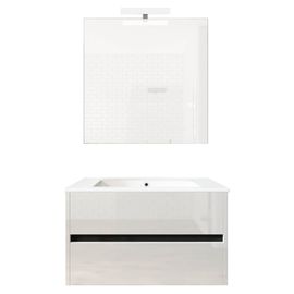 Ensemble De Salle De Bain Meuble Suspendu 80cm Double Edge Blanc Brillant - Vasque - Miroir - Applique