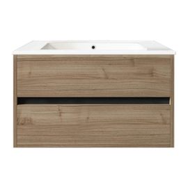 Meuble De Salle De Bain Suspendu 80cm Double Edge Bois Clair - Vasque En Céramique