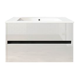 Meuble De Salle De Bain Suspendu 80cm Double Edge Blanc Brillant - Vasque En Céramique