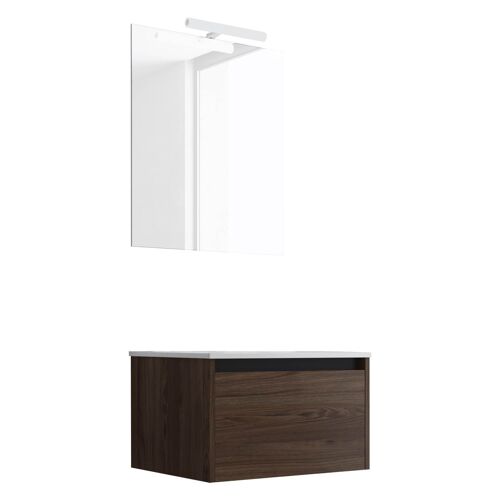 Ensemble de salle de bain meuble suspendu 60cm NICE EDGE bois foncé - Vasque - Miroir - Applique