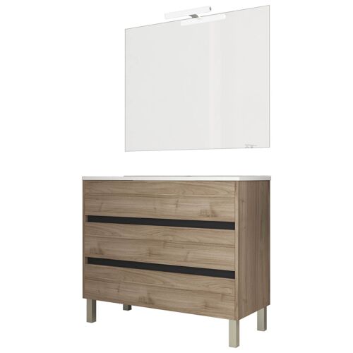 Ensemble de salle de bain meuble 100cm STAY THREE EDGE bois clair - Vasque - Miroir - Applique