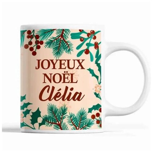 Tasse Noël Clélia Beige | Mug Prénom Idée Cadeau Secret Santa