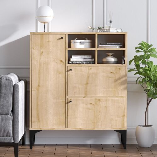 Buffet haut 3 portes et 4 niches couleur chêne 100x125cm EWA
