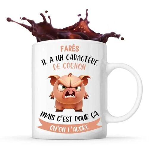 Mug - Farès - Caractère De Cochon - Céramique - Design Recto/Verso - Blanc