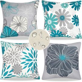 Kjakl-Housse Coussin 45x45 Cm Lot De 4 Turquoise Et Gris Housses De Coussin Modernes Exterieur Impermeable Lin Taies D'oreiller Marguerites Motif Floral Decoration Canapé Pour Salon Chambre Carré Dec