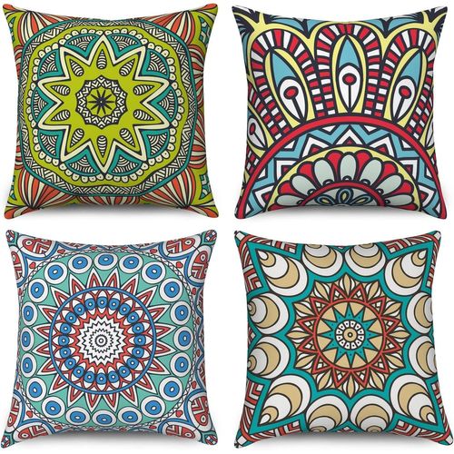 Tianyi-Housse De Coussin Boho 40x40 Set De 4, Ferme Bohème Rétro Floral Mandala Boussole Médaillon Décoratif Taies D'oreiller En Lin Housse De Coussin Pour Canapé Lit Jardin Extérieur Home Decor