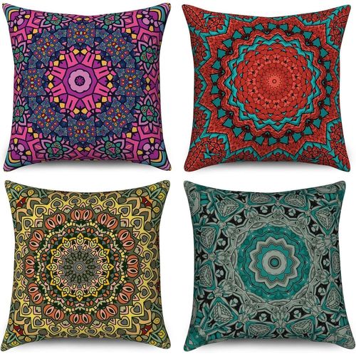 Cauc-Housse De Coussin Boho 45x45 Set De 4, Rétro Floral Mandala Compas Médaillon Décoratif Taie D'oreiller Bohème Hippie Coloré Housse De Coussin En Lin Pour Canapé Lit Jardin Extérieur Home Decor