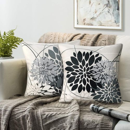 Ersan-Housse De Coussin 50x50 Noir Et Gris Housse Coussin Décoratif Taie Oreiller Géométrique Fleurs Motif Housses De Coussin Lot De 2 Lin Oreiller Protecteurs Pour Jardin Salon Canapé Decoration