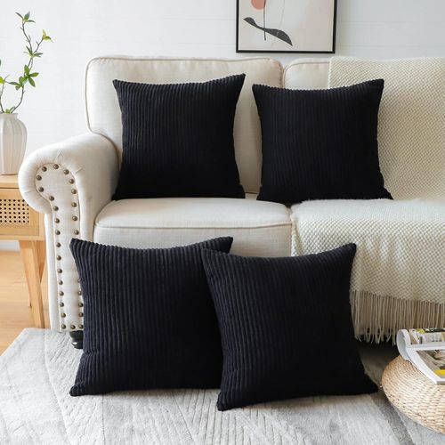 Tianyi-Lot De 4 Housse De Coussin 45x45 En Velours Côtelé, Housse Coussins Carré Rayures Decoratif Doux Taies D'oreiller Décoratives Style Boheme Pour Canapé Lit Chambre Salon (Noir, 45x45cm)