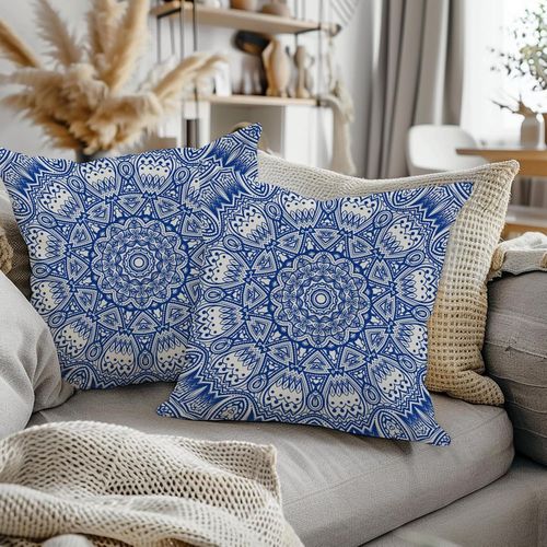 Cauc-Housses De Coussin Marocaines 50x50cm Bleu Coussins Ethniques Boho Style Indien Abstrait Mandala Arabesque Méditation Moderne Housse De Coussin Pour Canapé Salon Lit Taie D'oreiller Lot De 2