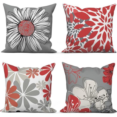 Tianyi-Lot De 4 Rouges 50x50 Cm, Fleurs Modernes D'europe Du Nord Housses De Coussin Décoratives Pour Canapé Lavable Polyester Et Lin Textile Housse De Coussin