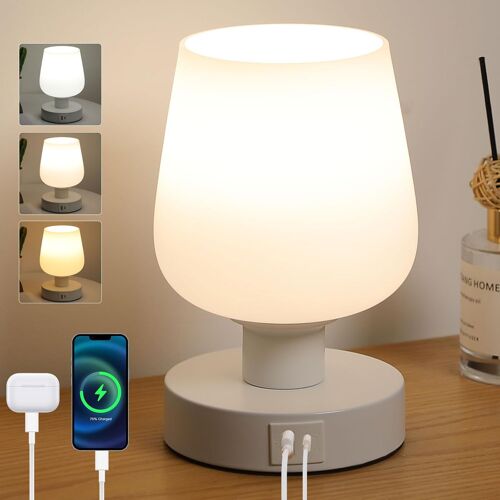 Dimmable Touch Bedside Lamp, White Glass Lampshade With Usb-C, 3 Color Temperatures For Living Room Bedroom (Usb Port)
