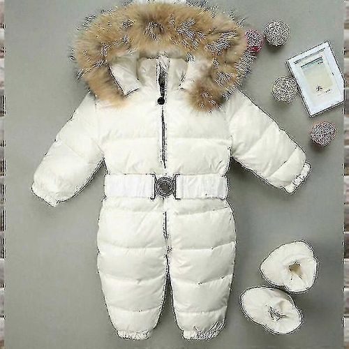 Combinaison Bébé À Capuche Douillette - Barboteuse Unisexe 0-24 Mois Avec Col Fourrure 60 Cm Blanc