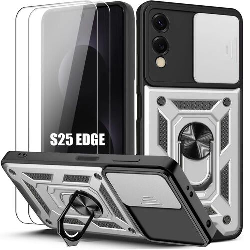 Coque + 2 Verres Trempés Pour Samsung Galaxy S25 Edge, Protection Antichoc Avec Cache Caméra Anti-Rayure Rigide - Argenté - E.F.Connection
