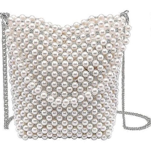Sac à main en perles pour femme, pochette en perles, sac de soirée, sac seau à bandoulière, sac à main en perles, sac à bandoulière avec poignée supérieure et chaîne (ivoire)