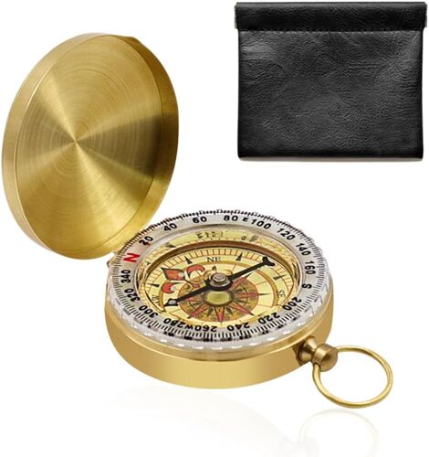 Boussole En Laiton Portable Imperméable Avec Étui En Cuir Pour Randonnée, Enfants, Camping, Activités Extérieures (Boussole Avec Étui En Cuir)