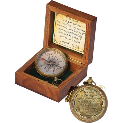 Tubaz Boussole Gravée « Trust In The Lord With All Your Heart »,Proverbs 3 : 5-6 Avec Boîte En Bois, Boussole De Camping, Cadeau De Remise De Diplôme, Hommes, Garçons Et Filles