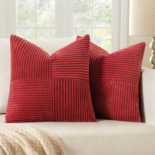 Ersan-Lot De 2 Housse Coussin En Velours Côtelé 50x50cm Bordeaux Housse De Coussin Decoratif Coussin De Canapé Moderne Doux Déco Coussin De Canapé