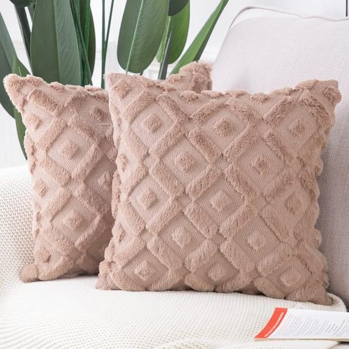 Cauc-Lot De 2 Doux Peluche Laine Courte Velours D¿¿Coratif Housses De Coussin Luxe Style Pour Canap¿¿ Chambre Marron 35 X 35 Cm
