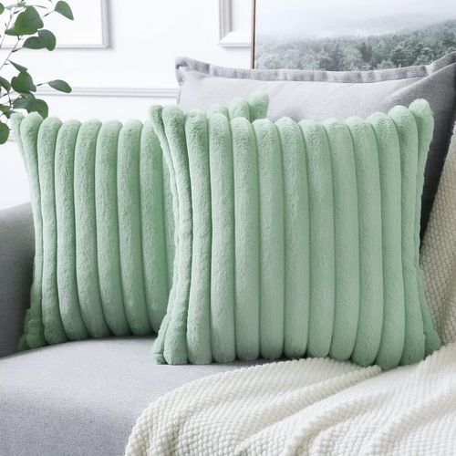 Cauc-Lot De 2 - Taies D'oreiller Velours Peluche, Taies D'oreiller Artificielle Douce Fourrure Housse De Coussin Décoration Pour Chambre Lit Voiture De La Maison Canapé (50x50cm, Vert Clair)