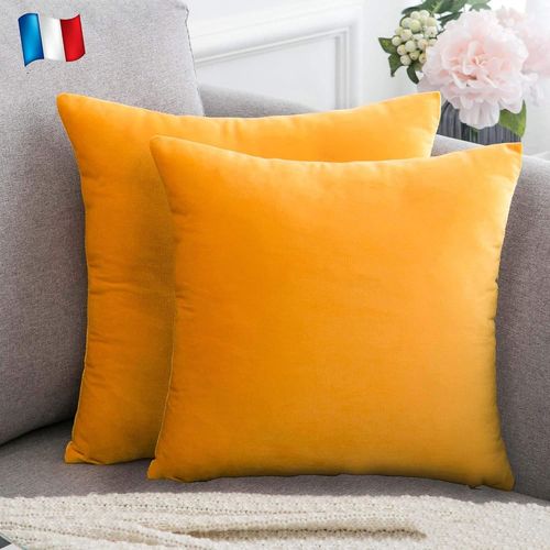 Trahoo-Lot De 2 Housse De Coussin Jaune Moutarde Orangé Velours 60x60 Cm Uni, Taie D'oreiller Doux Et Moderne, Décoration Salon Scandinave Canapé Chambre Lit Sol (2 Jaune Moutarde Orangé)