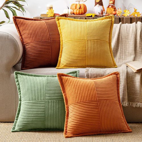 CAUC-Housses de Coussin en Côtelé Lot de 4 Housses de Coussin Patchwork Carrées Décoratives Taie d'oreiller Souple pour Décoration Intérieure Canapé Chambre à Coucher Série Orange Verte 45x45 cm