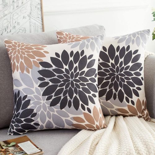 Cauc-Lot De 2 Housses De Coussin Marron Et Gris Fleur Abstraite Simple Lin Durable Imprimé Géométrique Abstrait Taie D'oreiller 40x40cm Carrée Douce Housse De Coussin Pour Canapé Banc Lit Voiture