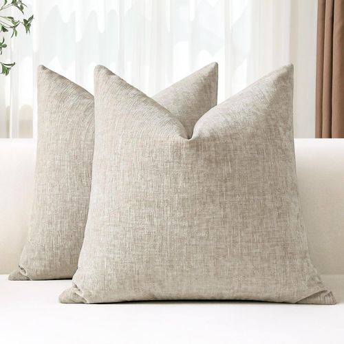 Cauc-Lot De 2 Housses De Coussins 60x60 Cm Chenille Douce Beige Housse De Coussin Décorative Taie D'oreiller Lombaire Solide Pour Canapé Salon Lit Décoration D'intérieur (Beige)