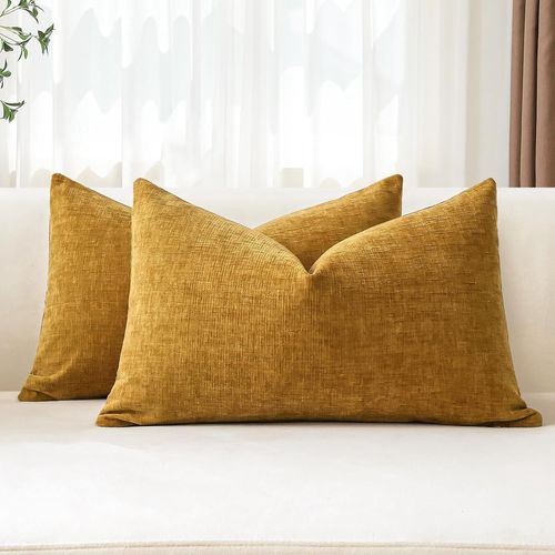 Tianyi-Lot De 2 Housses De Coussins 30x50 Cm Chenille Douce Jaune D'or Housse De Coussin Décorative Taie D'oreiller Lombaire Solide Pour Canapé Salon Lit Décoration D'intérieur (Jaune D'or)