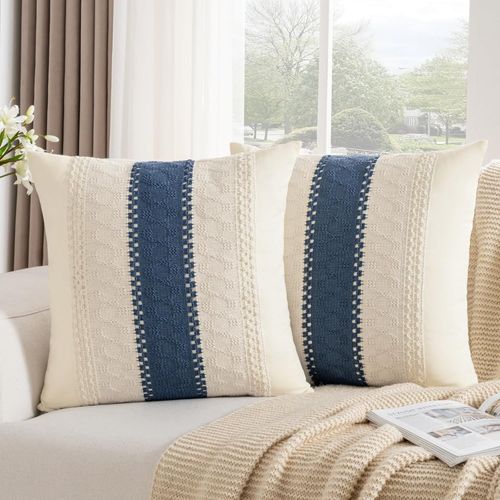 Tianyi-Housse De Coussin 45x45 Bohème Bleu Texturée À Rayures Tissées Housse Coussin Decoratif Canape Taie D'oreiller Carré Pour Decoration Maison Salon Chambre Lot De 2