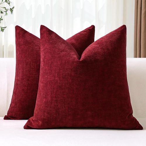 Cauc-Lot De 2 Housses De Coussins 45x45 Cm Chenille Douce Rouge Housse De Coussin Décorative Taie D'oreiller Lombaire Solide Pour Canapé Salon Lit Décoration D'intérieur (Rouge)
