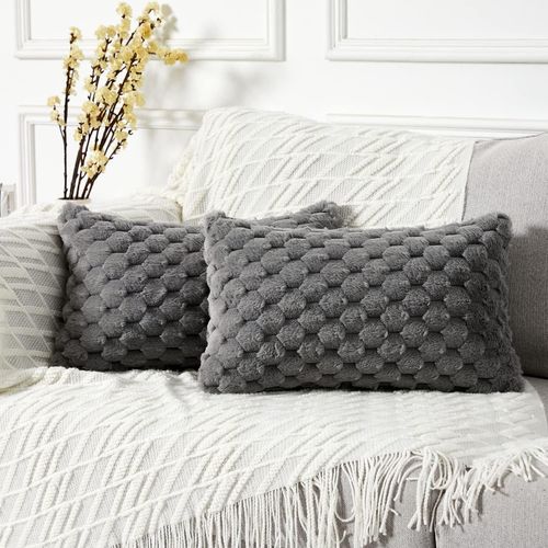 Slep-Lot De 2 Taies D'oreiller Décorative Fausse Fourrure Boho Style Housses De Coussin En Forme Pour Un Décor De Maison De Salon De Canapé-Lit Gris 30x50cm