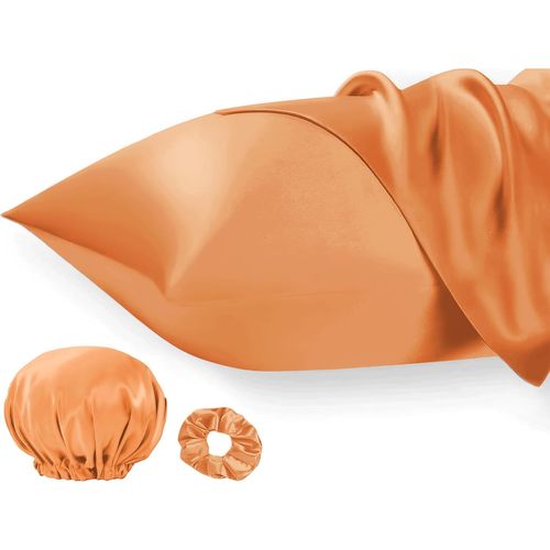 Slep-Lot De 2 Housses De Coussin En Satin 50 X 80 Cm - Pour Cheveux Et Peau - Aspect Soie - Orange Brûlé - Avec Élastique À Cheveux Et Bonnet